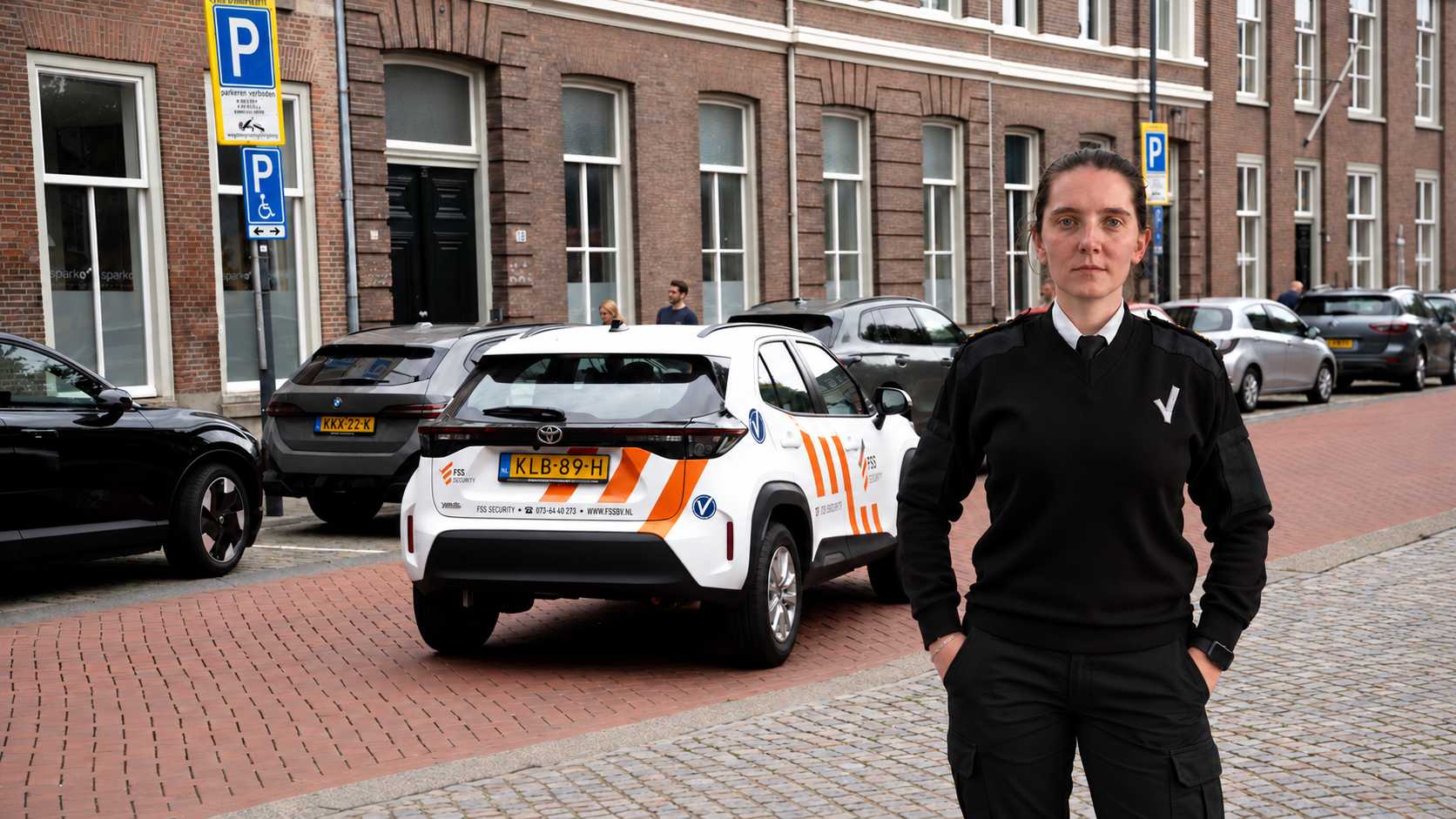 Sunanda naast een beveiligingswagen